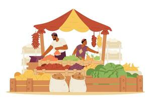 Middle Eastern family father and son selling fruits and vegetables in a marketplace flat illustration isolated on white. Green grocery street shop with sellers. vector