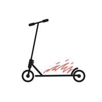 Stunt scooter on fire line art minimalistic illustration isolated on white. vector