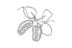 Single continuous line drawing of whole healthy organic mulberries orchard logo identity. Fresh berries fruitage concept for fruit garden icon. Dynamic one line draw graphic design illustration vector