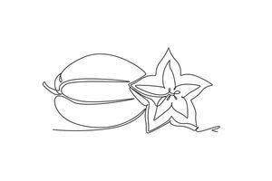 Single one line drawing whole and sliced healthy organic for starfruits orchard logo identity. Fresh star fruit concept for garden icon. Modern continuous line draw design graphic illustration vector