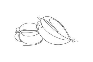 Single one line drawing of whole healthy organic sweet yellow starfruits orchard logo identity. Fresh star fruit concept for garden icon. Modern continuous line draw design graphic illustration vector