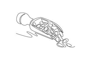 Single one line drawing of pile healthy organic goji berries on seed spoon for orchard logo identity. Fresh gojiberry fruitage for fruit garden icon. Continuous line design graphic illustration vector