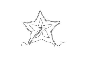 Single one line drawing of sliced healthy organic yellow starfruit for orchard logo identity. Fresh star fruit concept for garden icon. Modern continuous line draw design graphic illustration vector