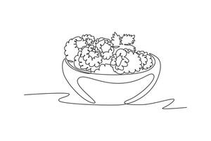 Continuous one line drawing pile sliced healthy organic raspberry in a bowl for orchard logo identity. Fresh berries fruitage for fruit garden icon. Single line draw design graphic illustration vector