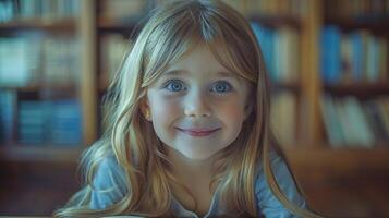 pequeño niña sentado en frente de estante para libros foto