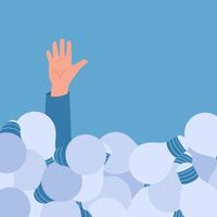 Man's hand waving upwards immersed in a pile of lights, illustration for overthinking. vector