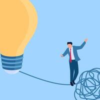 Man walking on a tightrope from a tangled rope towards a lamp, illustration for problem solving. vector
