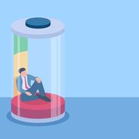 Man sitting exhausted inside a transparent battery with red level indicating low battery, illustration for fatigue. vector