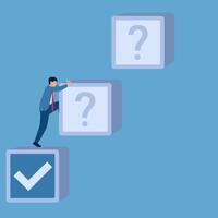 Man climbing on box with question mark, illustration for planning. vector