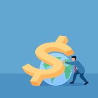 Man pulling a globe from a symbol of money falling on him, illustration for global crisis. vector