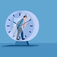 Exhausted man carrying stacks of work papers inside a clock that doesn't stop, illustration for work exhaustion. vector