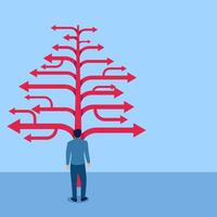 Confused man standing in front of arrows branching out in many directions, illustration for choices. vector
