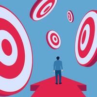 Man standing on arrow graphic selecting scattered targets, selection target illustration. vector