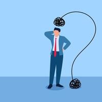 Man standing with intricate lines above his head that fall to the ground forming a question mark, illustration for problem. vector