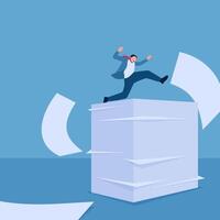 Man jumping over a high stack of paper, illustration for hard work. vector