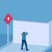 A man facing a dead end towards the lamp of ideas, illustration for lack of ideas. vector