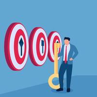 Man carrying key selects targets in a row, illustration of selected targets. vector
