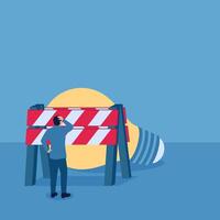 A man is blocked by a fence towards an idea lamp, illustration for lack of ideas. vector