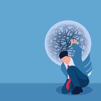 A man bends down supporting a large lamp filled with complicated wires, an illustration of overthinking. vector