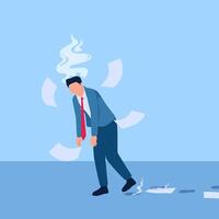 Man staggering with floating papers and smoking head, illustration for exhaustion. vector