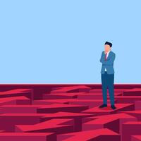 Confused man standing on a maze of many directional arrows, illustration for choices. vector