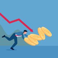 Man dropping stack of crypto coins according to descending graph arrow, illustration for crypto collapse. vector