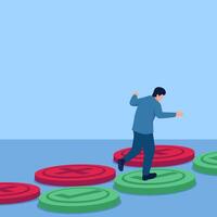 Man stepping onto the green button which means accept, illustration for making a decision. vector