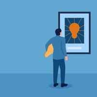 Man carrying a lamp in front of a painting whose lamp is missing, illustration for problem solving. vector