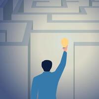 Man holding high a lamp to see the maze clearly, illustration for problem solving. vector