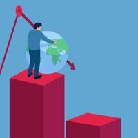 Man holds globe on top of graph so it doesn't fall down, illustration for global crisis. vector