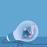 Man sitting confused inside a light bulb, illustration for overthinking. vector