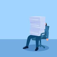 Man sitting crushed by a pile of work papers on a chair, illustration under pressure. vector