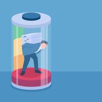 Man carrying a stack of papers inside a red battery indicates a low battery, illustration for work fatigue. vector