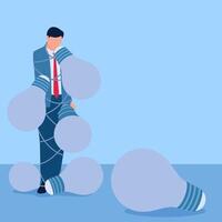 A man entangled in wires with many lights hanging from his body, an illustration of overthinking. vector