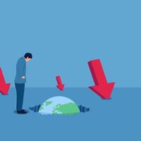 Man sees globe sinking into hole, around him arrows falling to the ground, illustration for global crisis. vector