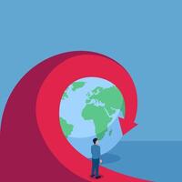 Man sees rotating arrow swooping sharply downwards around globe, illustration for global crisis. vector