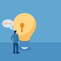 A man standing in front of an idea lamp forgot to bring his keys, illustration for lack of ideas. vector