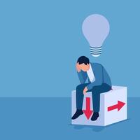 A man sits on a confused direction cube and the idea light goes off above his head, illustration for lack of ideas. vector