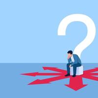 Confused man sitting on a question mark with arrows pointing in all directions, illustration for choices. vector