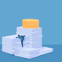 Man climbs a stack of paper to get to the coins above, illustration of hard work. vector