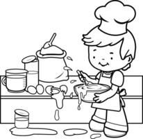 Baker child cooking in the bakery. A little boy cooking and making a mess in the kitchen. Black and white coloring page vector