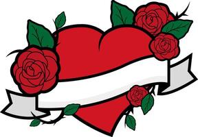 tatuaje estilo rosas y un rojo corazón y cinta. corazón con Rosa flores y cinta. vector