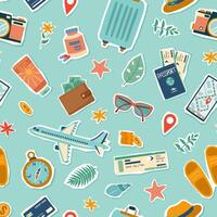 Travel seamless pattern. Travel and summer concept. Background of travel objects isolated on blue. Hand drawn flat illustration. vector
