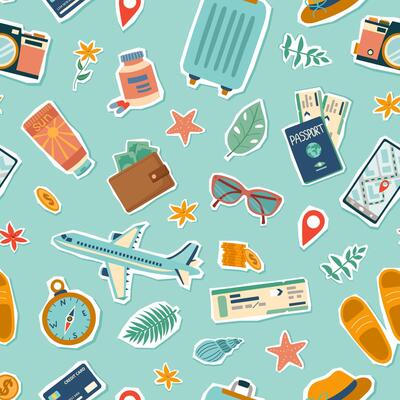 Travel seamless pattern. Travel and summer concept. Background of travel objects isolated on blue. Hand drawn flat illustration.