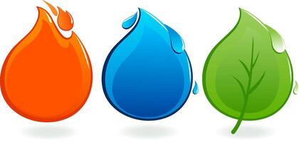 Nature elements. Water, Fire, Earth. Ecology, energy and nature icons of a flame, a water drop and a leaf. Fire, water drop and plant leaf symbols. vector