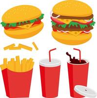 Fast food meal with hamburger, chips and soda. Cheese burger, fried potatoes and soft drink. Fast food collection. vector