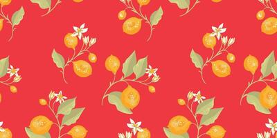 Tropical yellow lemons on branch with leaves scattered randomly on a seamless pattern. hand drawing illustration. Abstract artistic citrus fruit repeated printing on a red background. vector
