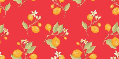 Tropical yellow lemons on branch with leaves scattered randomly on a seamless pattern. hand drawing illustration. Abstract artistic citrus fruit repeated printing on a red background. vector