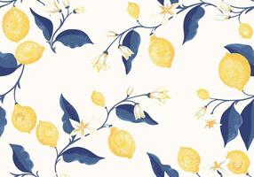 Abstract artistic yellow lemons on branch with blue leaves seamless pattern on a light background. hand drawing illustration. Blooming citrus stems repeated printing. Ornament for designs vector