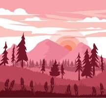 Pink Retro sunset in a forest with coniferous trees. linear illustration colored vector